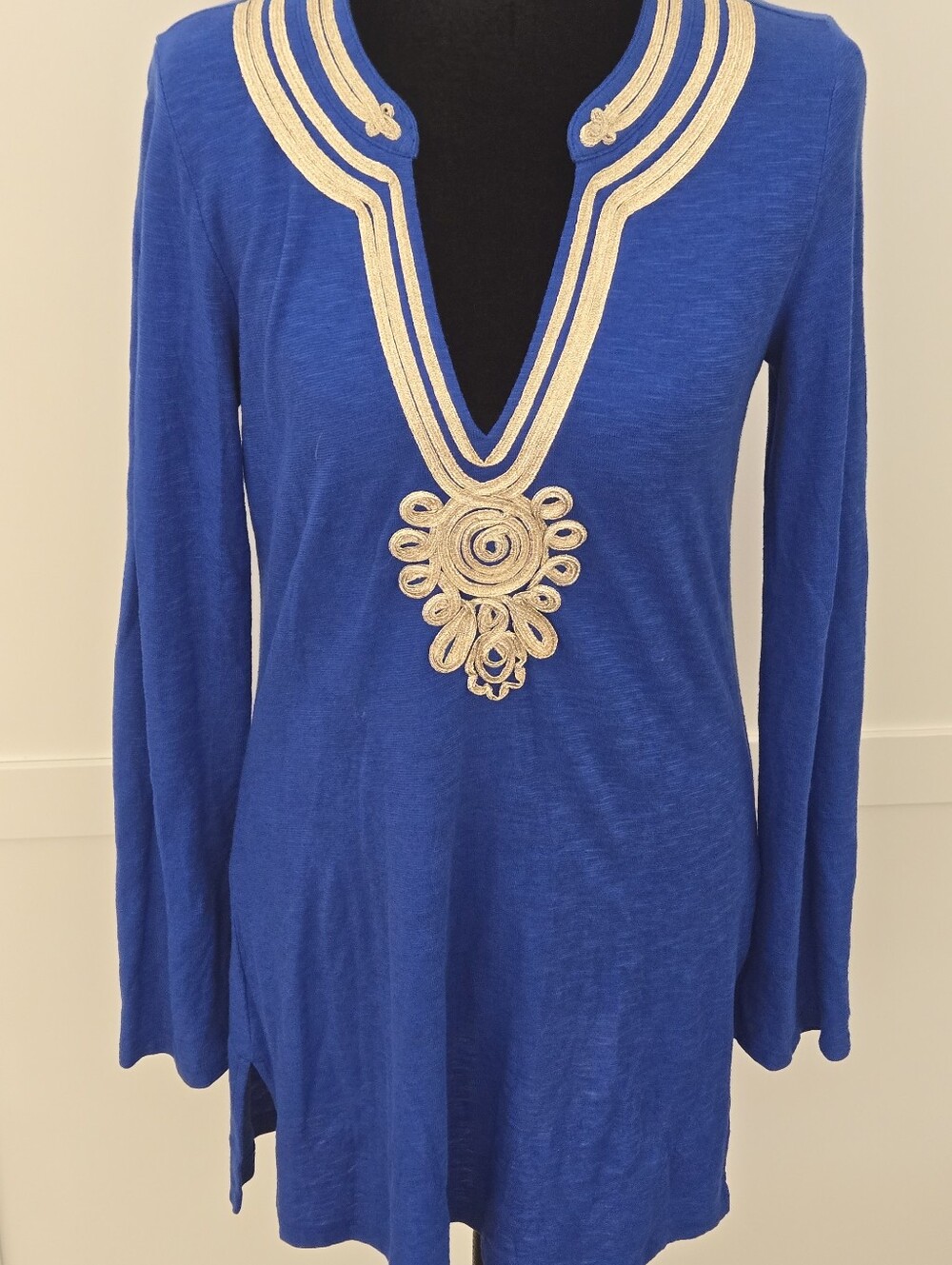 Lilly Pulitzer Emerson Tunic Top Size S Metallic Gold Royal Blue Coastal Beach